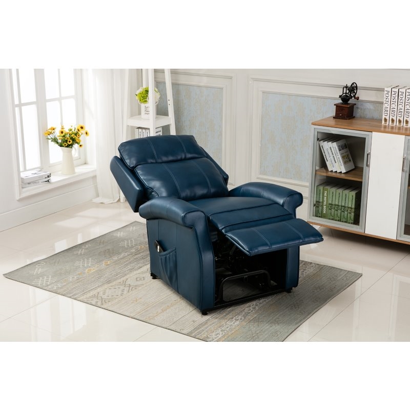 Bowery Hill Faux Leather Navy Blue Recliner Chair Rectangular Lift Function 42.5