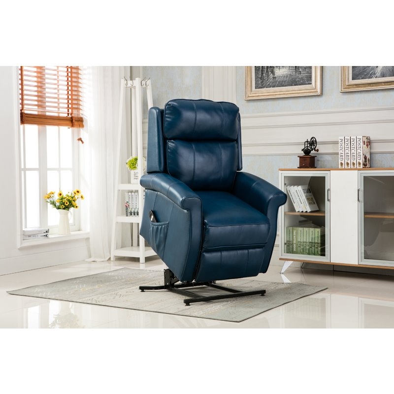 Bowery Hill Faux Leather Navy Blue Recliner Chair Rectangular Lift Function 42.5