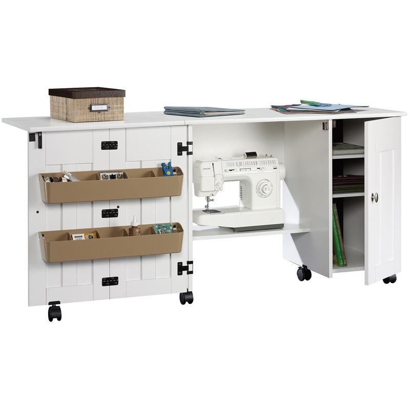 Bowery Hill Engineered Wood Drop-Leaf Sewing or Craft Table in Soft White
