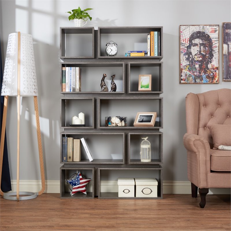 Bowery Hill Geometric Wood Bookcase in Distressed Gray