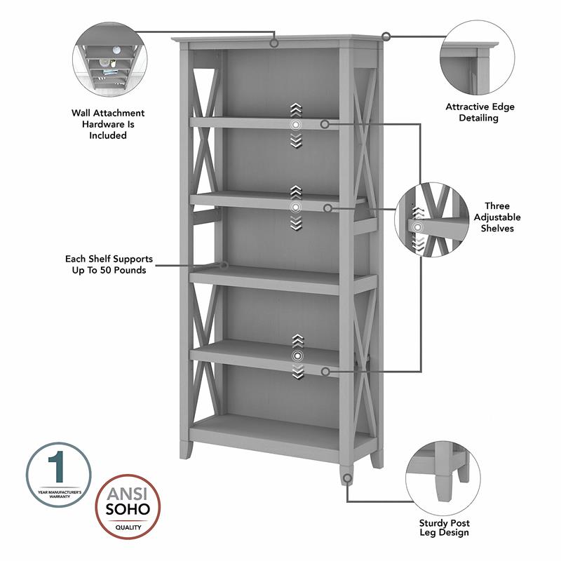 Bowery Hill 5 Shelves Coastal Wood Tall Bookcase in Cape Cod Gray