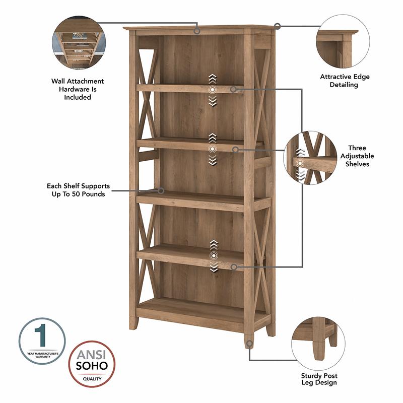 Bowery Hill 5-Shelf Coastal Wood Tall Bookcase in Reclaimed Pine