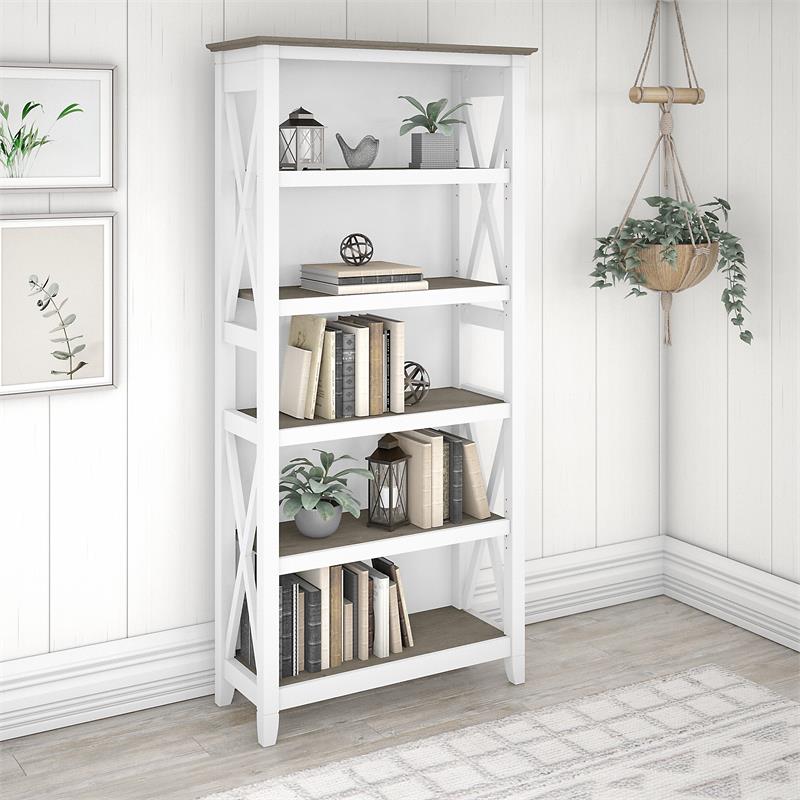 Bowery Hill 5 Shelves Coastal Wood Tall Bookcase in Shiplap Gray/White