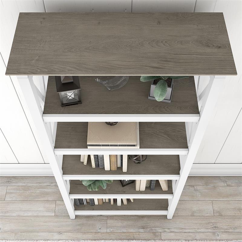 Bowery Hill 5 Shelves Coastal Wood Tall Bookcase in Shiplap Gray/White