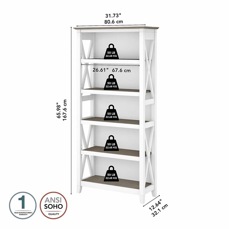 Bowery Hill 5 Shelves Coastal Wood Tall Bookcase in Shiplap Gray/White