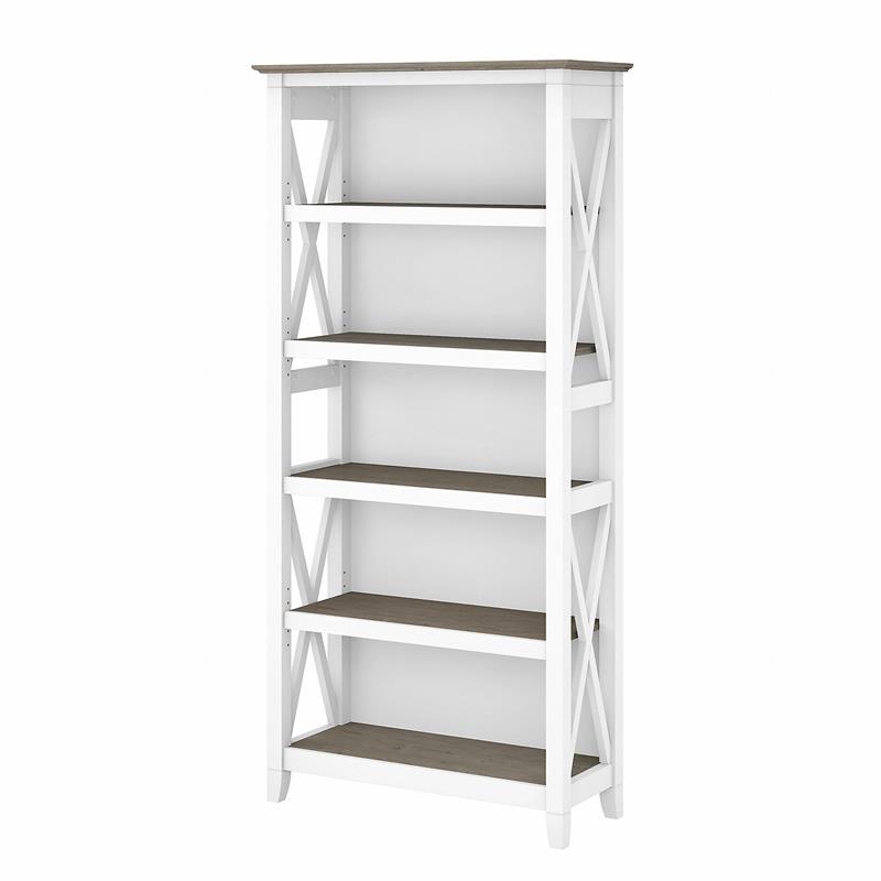 Bowery Hill 5 Shelves Coastal Wood Tall Bookcase in Shiplap Gray/White