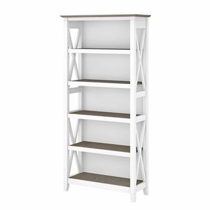 Bowery Hill 5 Shelves Coastal Wood Tall Bookcase in Shiplap Gray/White