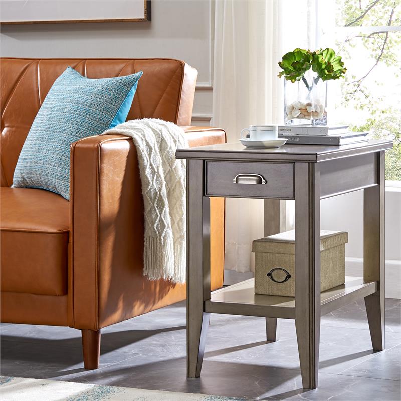 Bowery Hill Solid Wood Drawer End Table in Smoke Gray