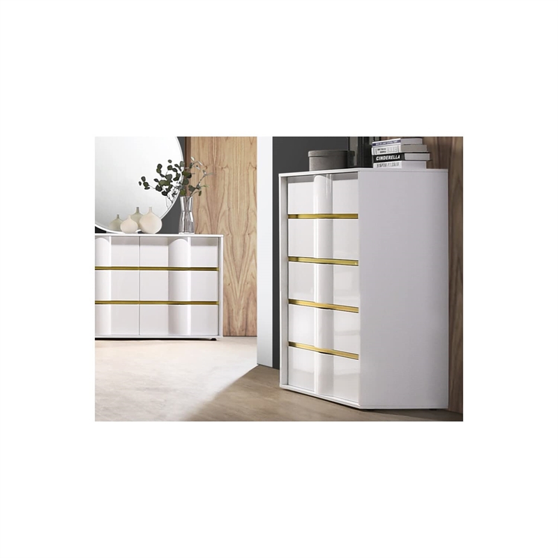 Bowery Hill 5-Drawer Wood Bedroom Chest in Whiteand Gold Trim