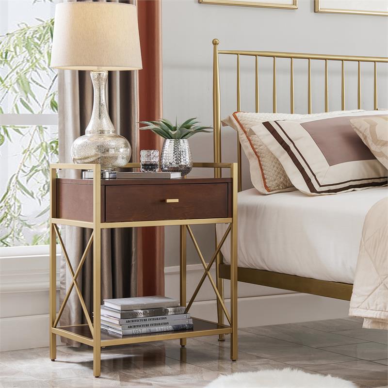 Bowery Hill Contemporary Wood Nightstand with Top AC/USB Charging in Brown