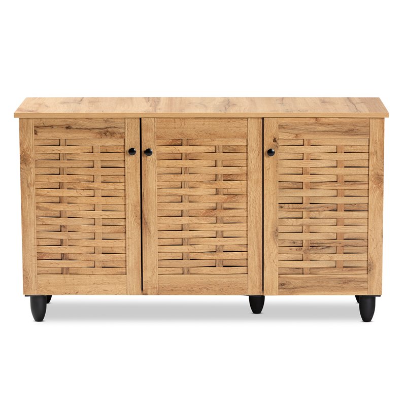 Bowery Hill Oak Brown Finished Wood 3-Door Shoe Cabinet