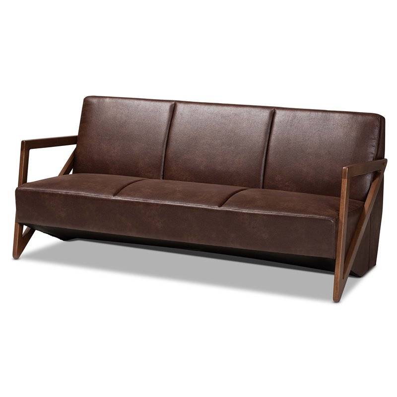 Bowery Hill Faux Leather Walnut Brown Sofa Rectangular Upholstered 68.5