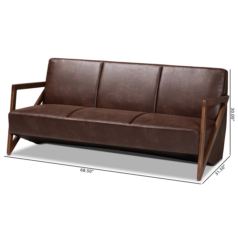 Bowery Hill Faux Leather Walnut Brown Sofa Rectangular Upholstered 68.5