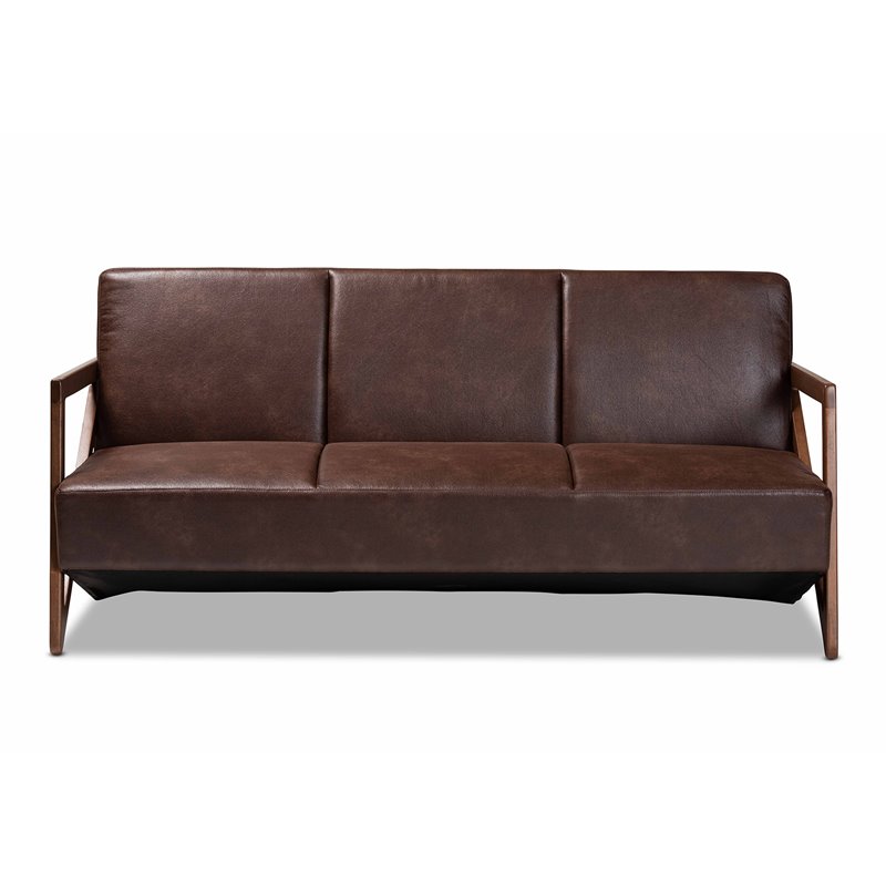 Bowery Hill Faux Leather Walnut Brown Sofa Rectangular Upholstered 68.5