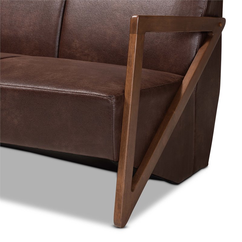 Bowery Hill Faux Leather Walnut Brown Sofa Rectangular Upholstered 68.5