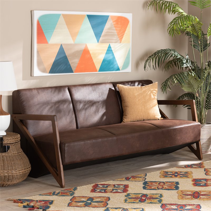 Bowery Hill Faux Leather Walnut Brown Sofa Rectangular Upholstered 68.5