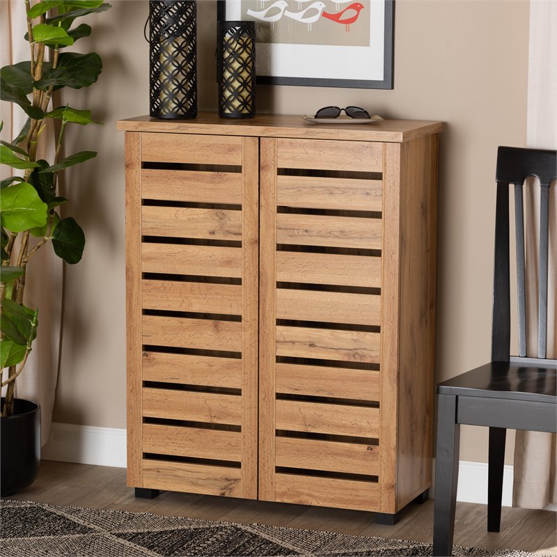 Bowery Hill Engineered Oak Brown Shoe Storage Cabinet 2-Door Slatted Ventilation 38.34