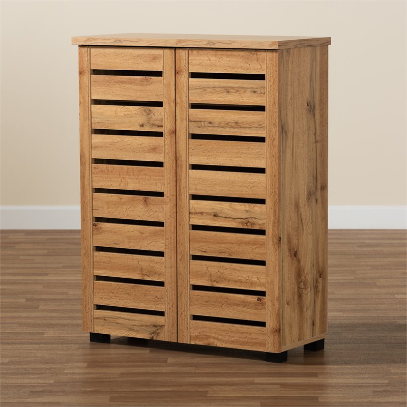 Bowery Hill Engineered Oak Brown Shoe Storage Cabinet 2-Door Slatted Ventilation 38.34