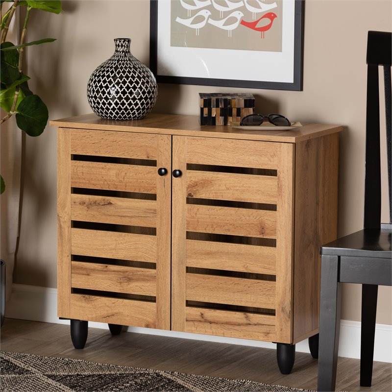 Bowery Hill Oak Brown Finished Wood 2-Door Shoe Storage Cabinet