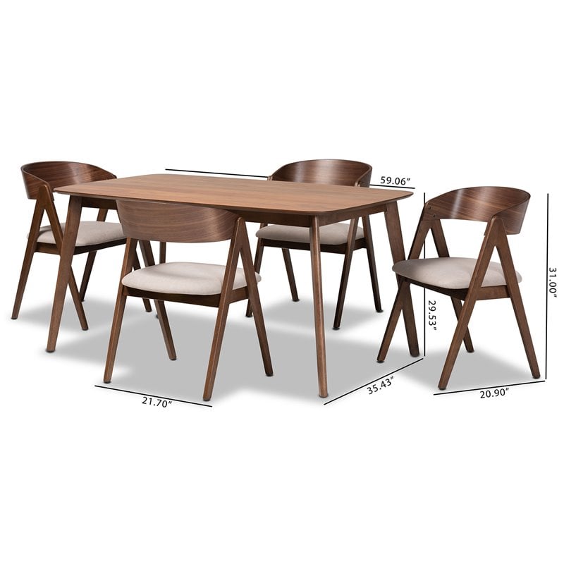 Bowery Hill Mid Century Beige and Walnut Brown Finished Wood 5-Piece Dining Set