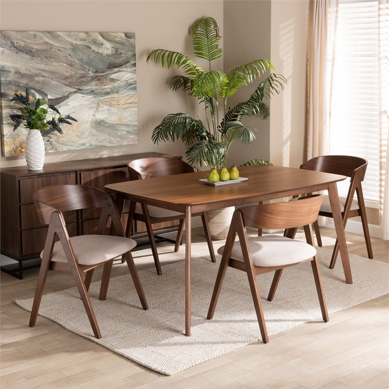 Bowery Hill Mid Century Beige and Walnut Brown Finished Wood 5-Piece Dining Set