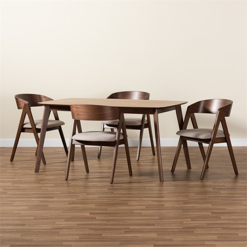 Bowery Hill Mid Century Beige and Walnut Brown Finished Wood 5-Piece Dining Set