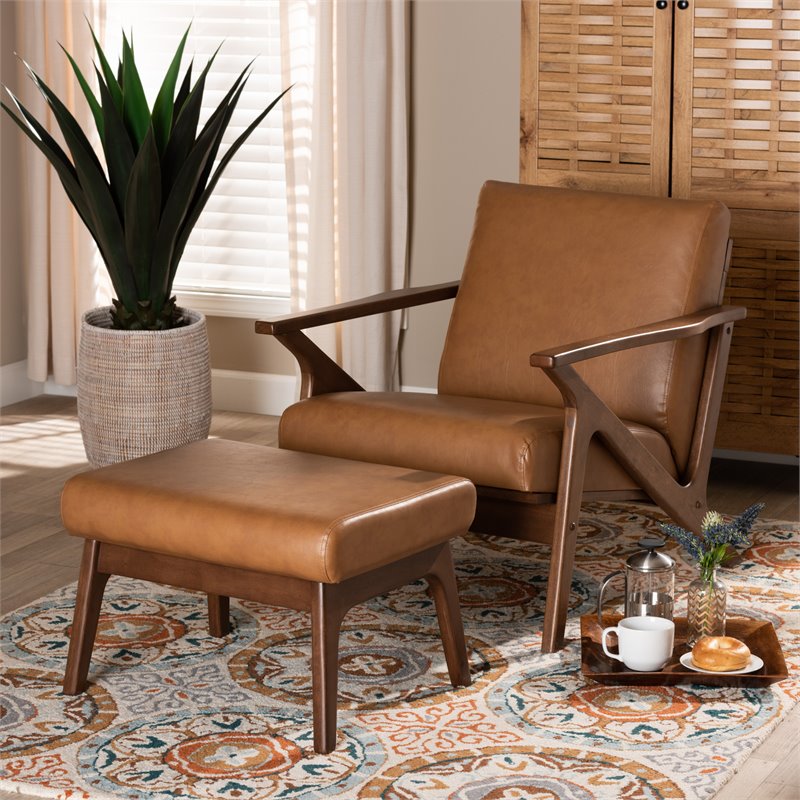 Bowery Hill Brown Finished Wood 2-Piece Lounge chair and Ottoman Set