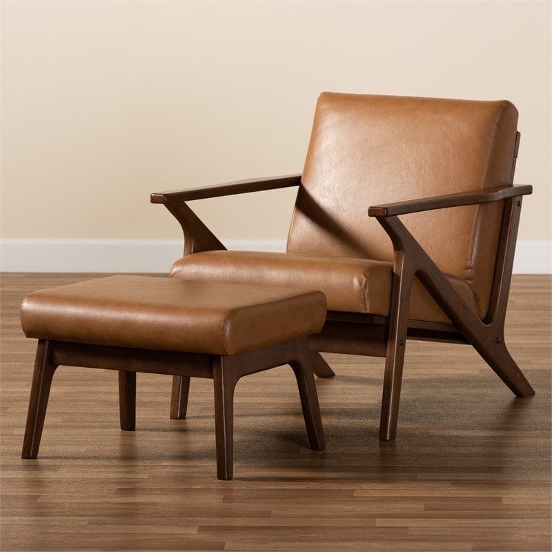 Bowery Hill Brown Finished Wood 2-Piece Lounge chair and Ottoman Set