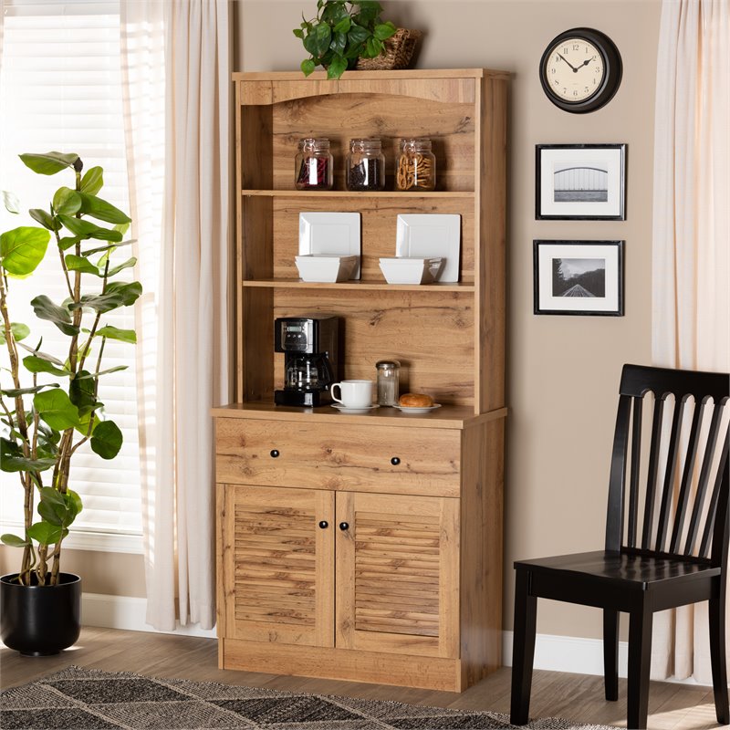 Bowery Hill Engineered Wood Oak Brown Buffet and Hutch Kitchen Cabinet 70.2