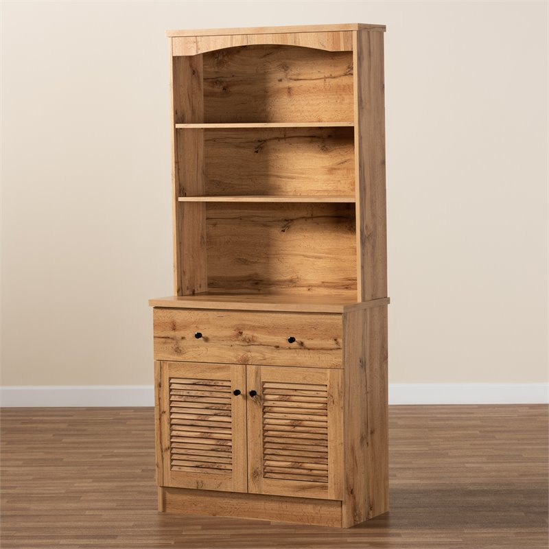Bowery Hill Engineered Wood Oak Brown Buffet and Hutch Kitchen Cabinet 70.2