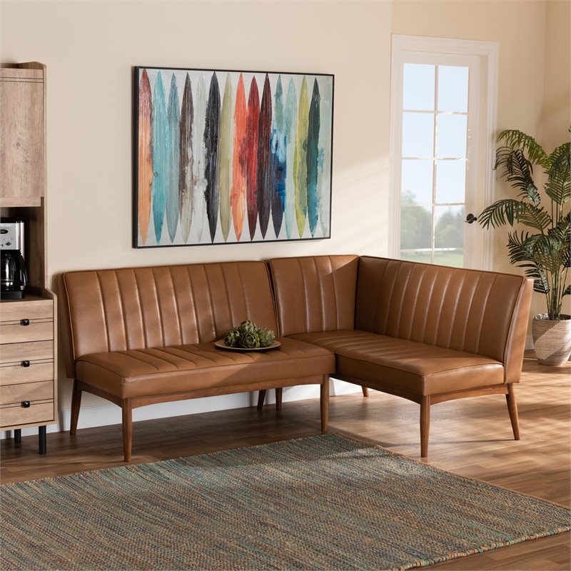 Bowery Hill Faux Leather Tan Dining Set Rectangular Channel Tufted 74.4