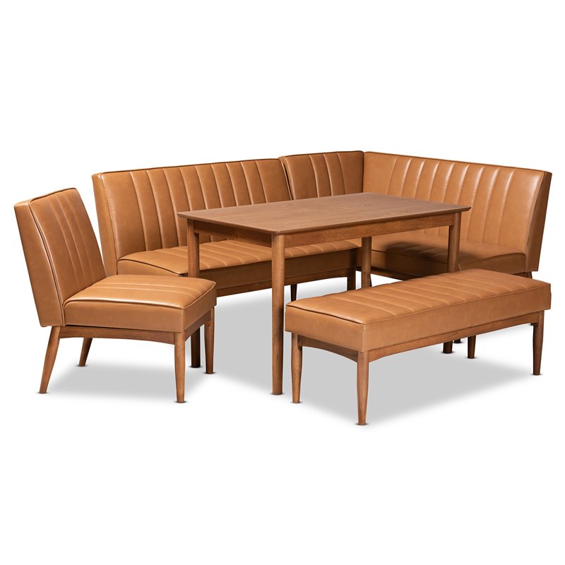 Bowery Hill Faux Leather Tan Dining Nook Set Rectangular Channel Tufted Unassembled