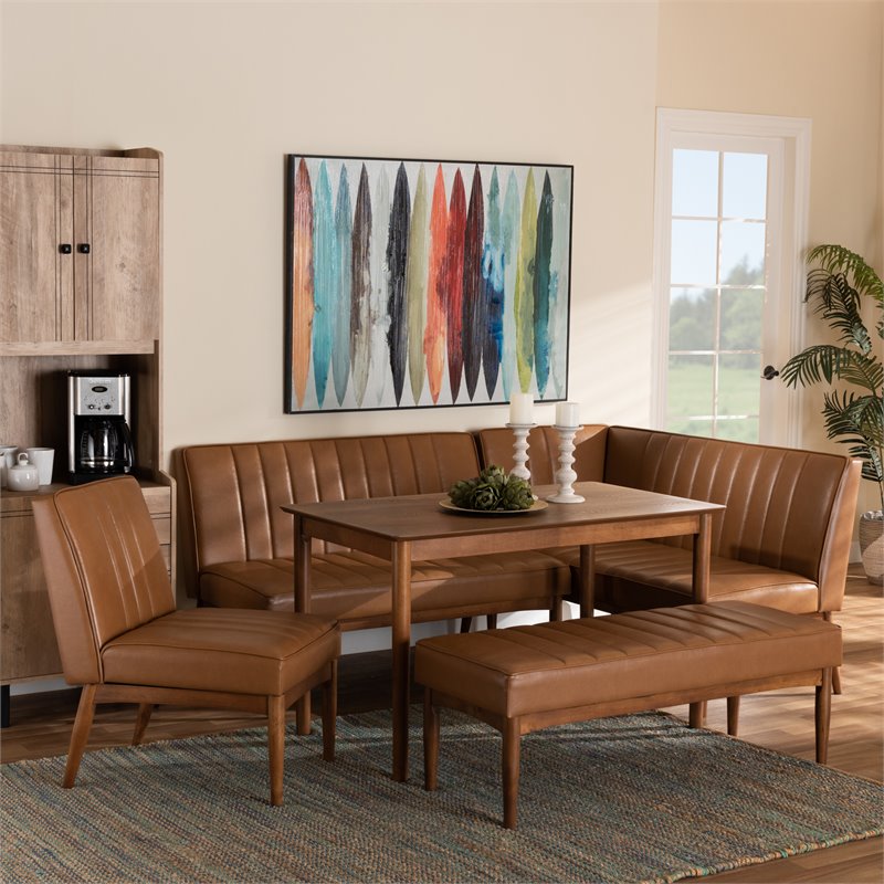 Bowery Hill Faux Leather Tan Dining Nook Set Rectangular Channel Tufted Unassembled