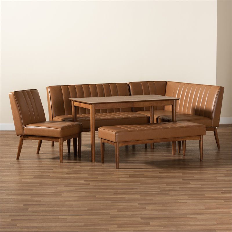 Bowery Hill Faux Leather Tan Dining Nook Set Rectangular Channel Tufted Unassembled