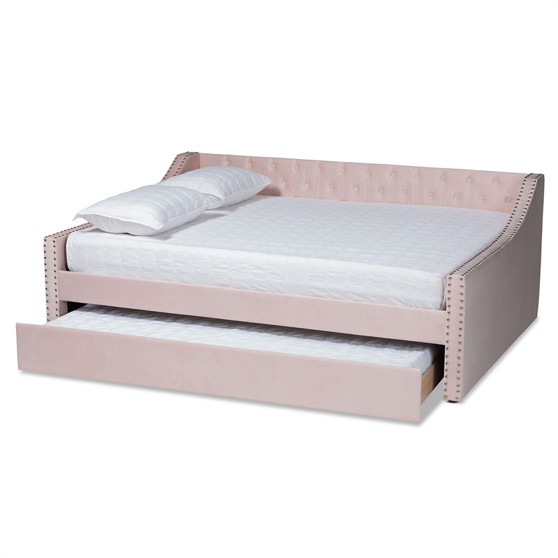 Bowery Hill Contemporary Velvet Upholstered Full Size Daybed w/ Trundle in Pink