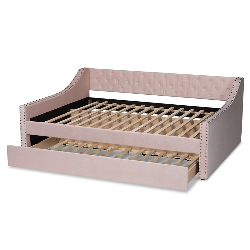Bowery Hill Contemporary Velvet Upholstered Full Size Daybed w/ Trundle in Pink