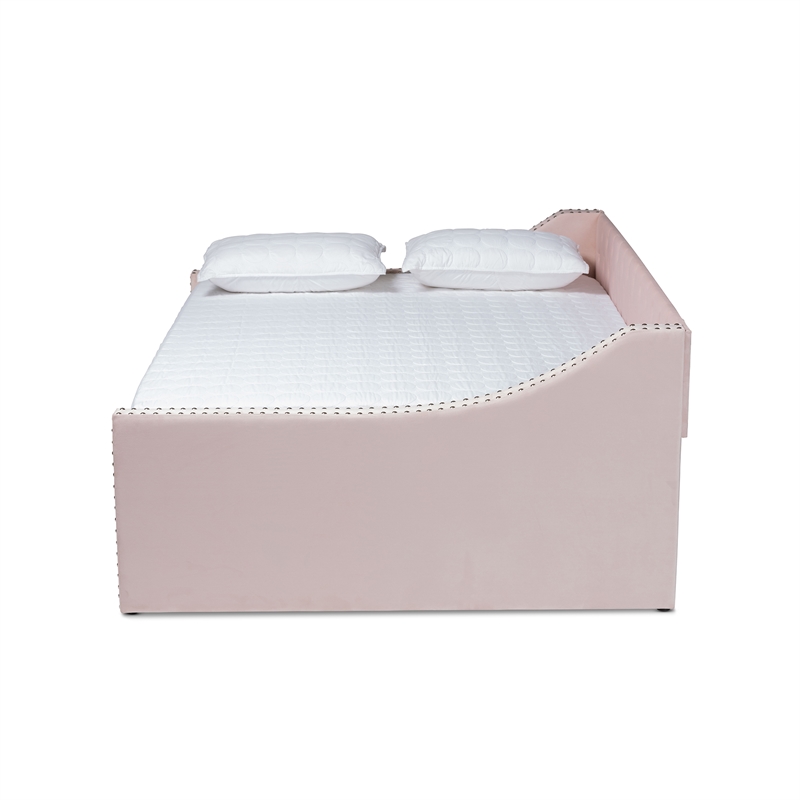 Bowery Hill Contemporary Velvet Upholstered Full Size Daybed w/ Trundle in Pink