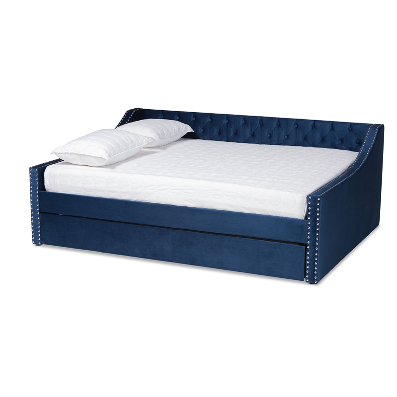 Bowery Hill Velvet Blue Daybed Rectangular Button Tufted Queen Size Unassembled