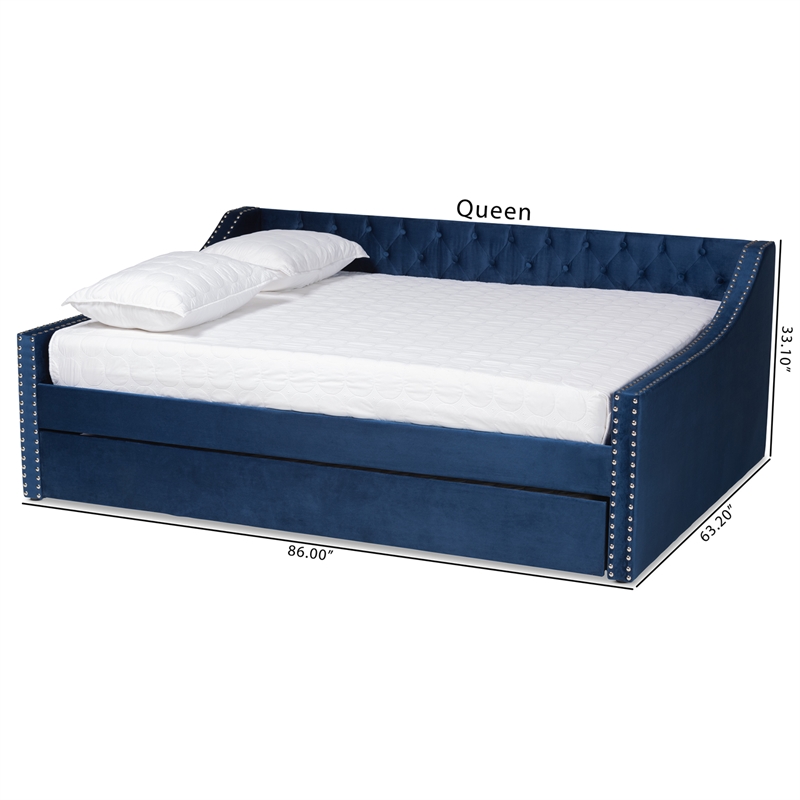 Bowery Hill Velvet Blue Daybed Rectangular Button Tufted Queen Size Unassembled