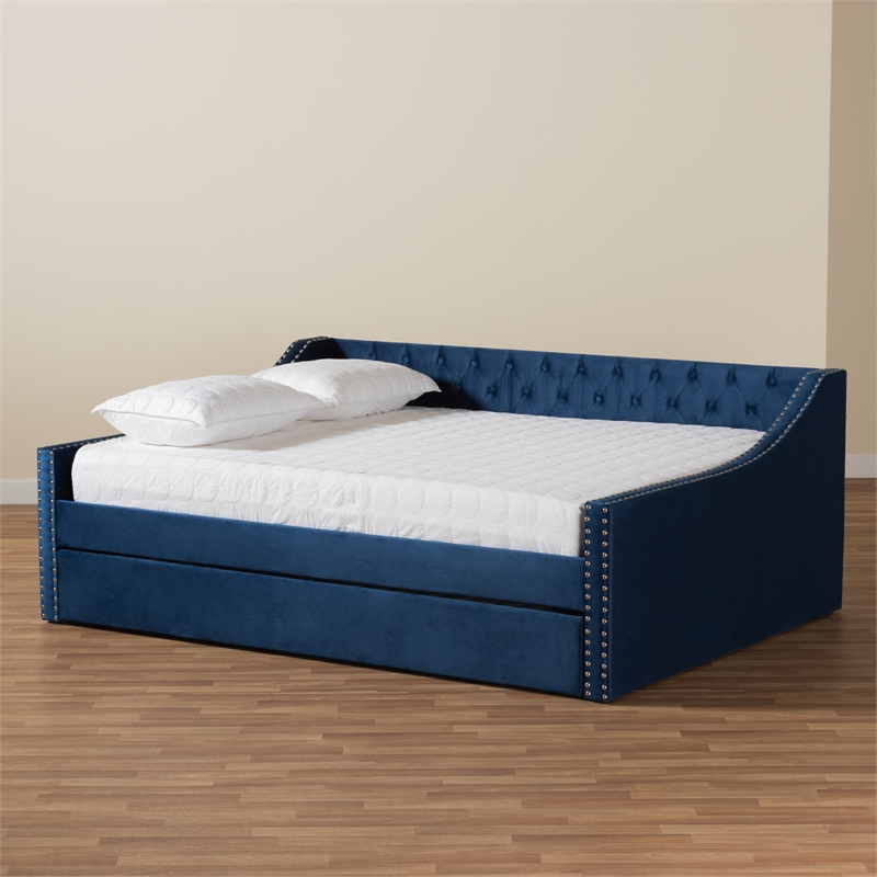 Bowery Hill Velvet Blue Daybed Rectangular Button Tufted Queen Size Unassembled
