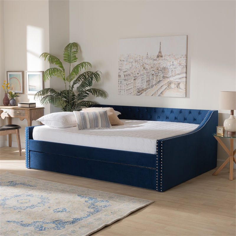 Bowery Hill Velvet Blue Daybed Rectangular Button Tufted Queen Size Unassembled