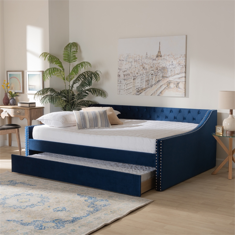 Bowery Hill Velvet Blue Daybed Rectangular Button Tufted Queen Size Unassembled