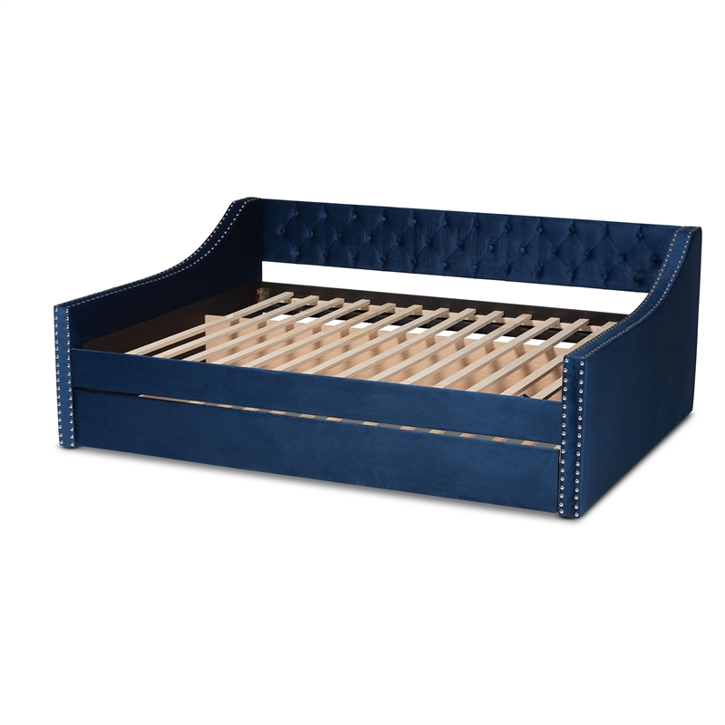 Bowery Hill Velvet Blue Daybed Rectangular Button Tufted Queen Size Unassembled