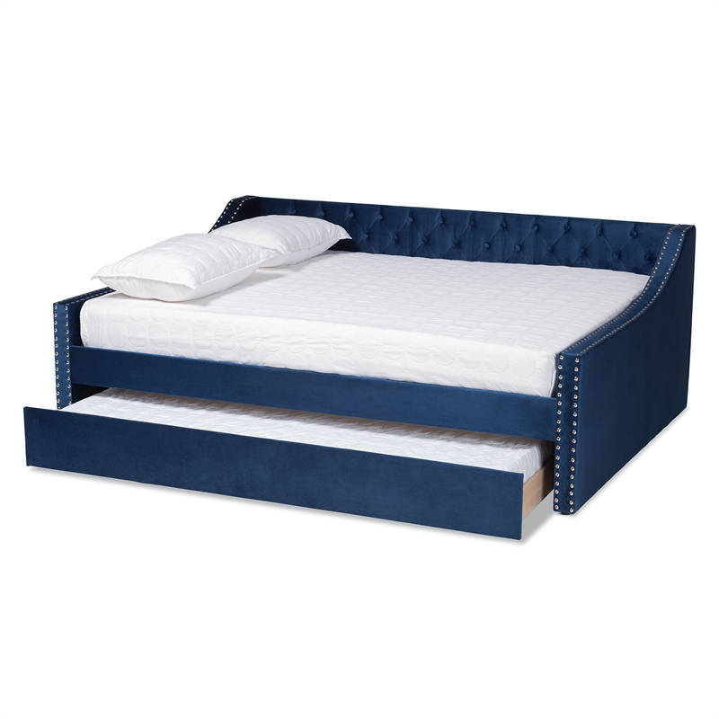 Bowery Hill Velvet Blue Daybed Rectangular Button Tufted Queen Size Unassembled