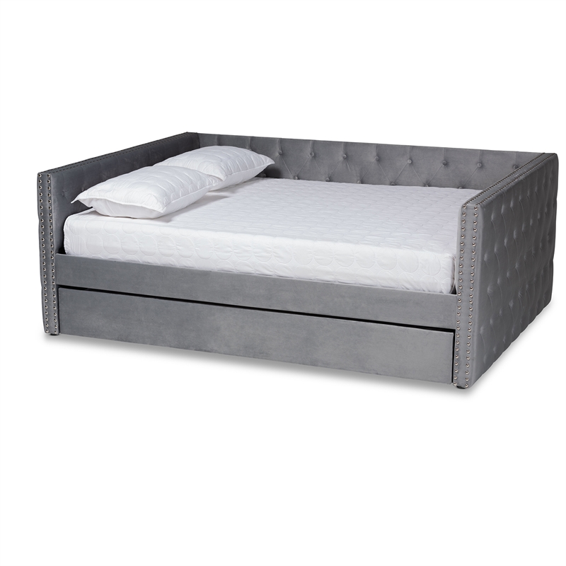Bowery Hill Grey Velvet Upholstered Queen Size Daybed with Trundle