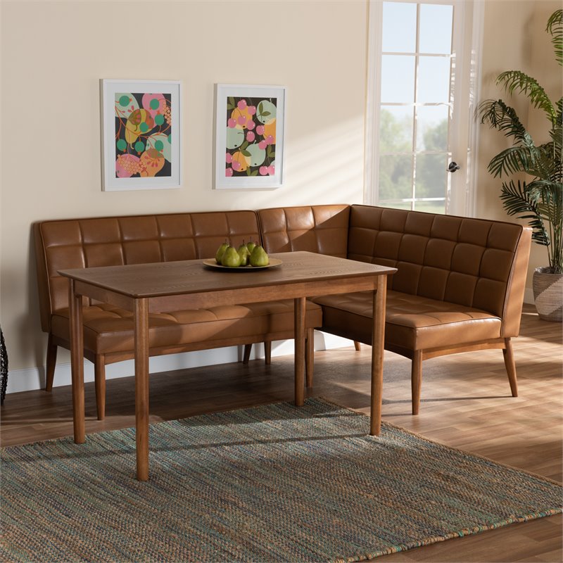 Bowery Hill Faux Leather Tan Walnut Brown Dining Nook Set Rectangular Biscuit Tufted 47.25