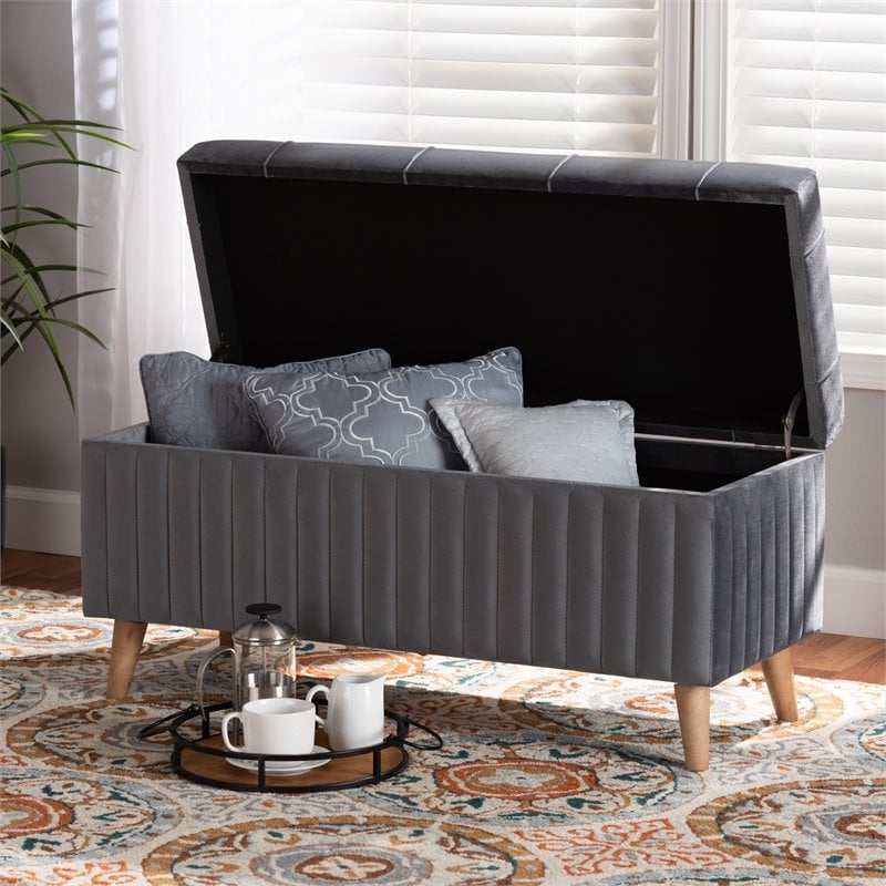 Bowery Hill Modern Grey Velvet Fabric and Brown Finished Wood Storage Ottoman