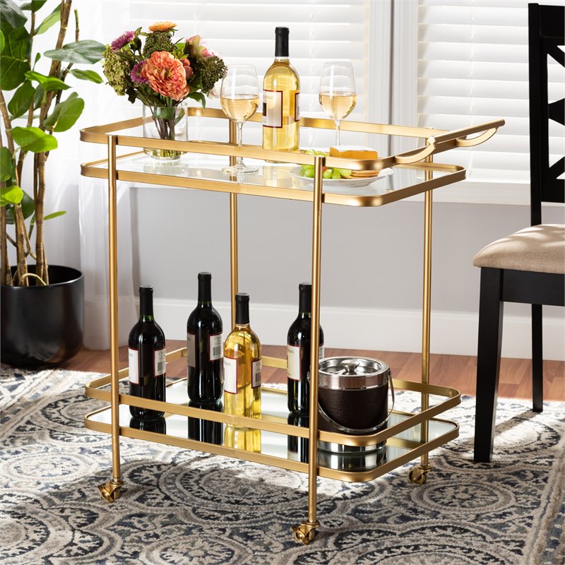 Bowery Hill Gold Finished Metal and Glass 2-Tier Mobile Wine Bar Cart