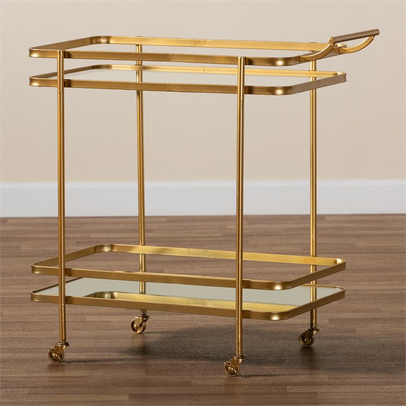 Bowery Hill Gold Finished Metal and Glass 2-Tier Mobile Wine Bar Cart