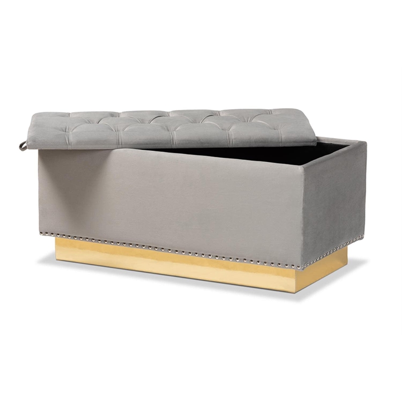 Bowery Hill Grey Velvet Fabric Upholstered and Gold PU Leather Storage Ottoman